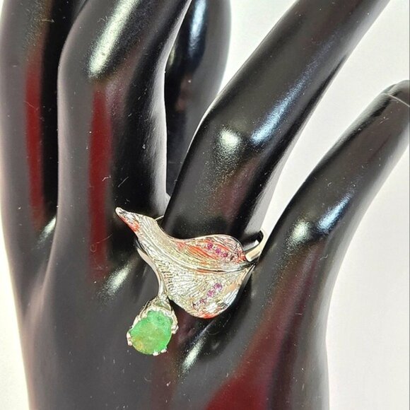 925 Sterling Silver Leaf Ring Sz 8 with Naural Emerald & Garnet Gemstone - Picture 6 of 13